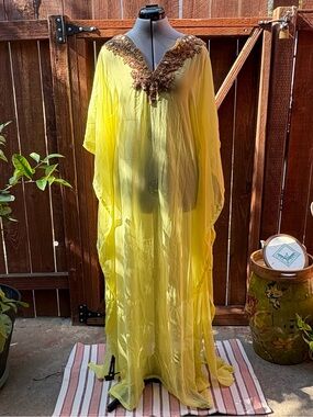 Ultra Chic Marena y Sol Yellow Chiffon Gold Bronze Embellished Kaftan